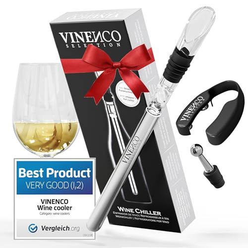 Tige refroidissante de vin Vinenco avec aérateur et bec verseur anti-gouttes, idée cadeau innovante pour amateurs de vin.