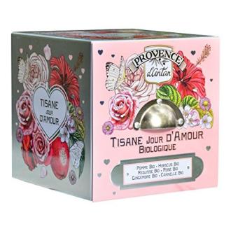 Coffret Tisane Bio Jour d'amour de Provence d'Antan, boîte métallique vintage avec ingrédients bio.