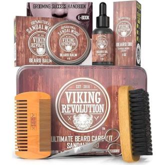 Pack d'entretien de la barbe Viking Revolution avec brosse, huile santal, baume, peigne, ciseaux. Cadeau parfait pour hommes barbus.