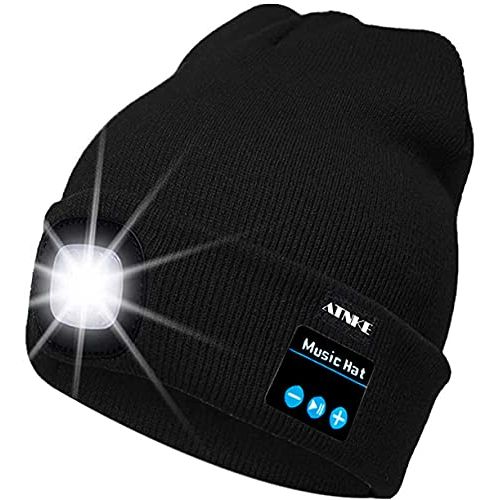 Bonnet connecté Bluetooth avec lampe LED, idéal pour écouter de la musique et prendre des appels en plein air. Cadeau technologique et pratique pour l'hiver.