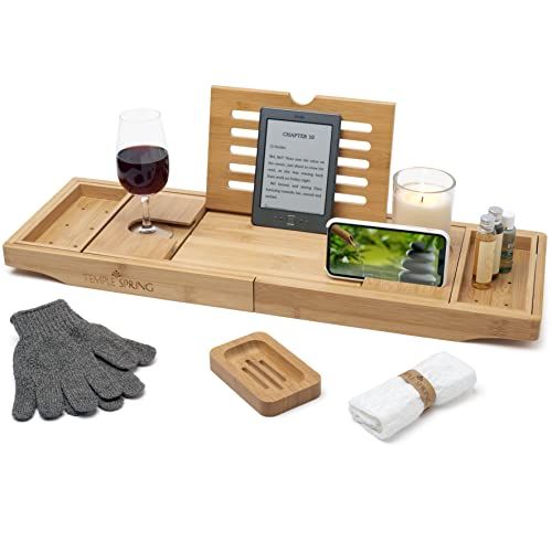 Plateau de baignoire en bambou Temple Spring, extensible, idéal pour détente et organisation, avec porte-savon et gants inclus. Cadeau parfait pour amoureux du bain.