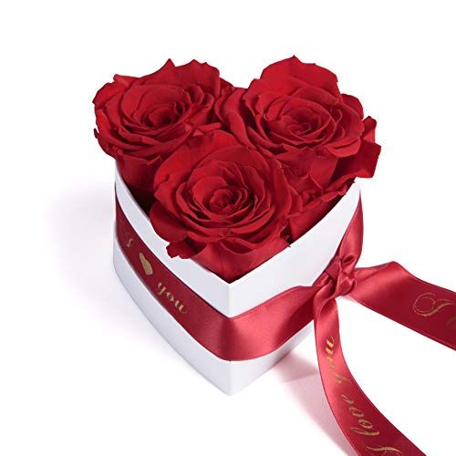 Boîte cœur avec trois roses éternelles rouges et message I Love You doré, cadeau romantique durable.
