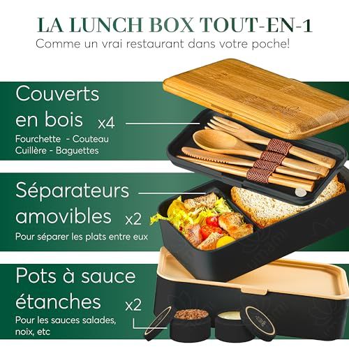 Boîte repas benton élégante avec couvercle en bambou, étanche, inclut couverts en bois et pots à sauces hermétiques