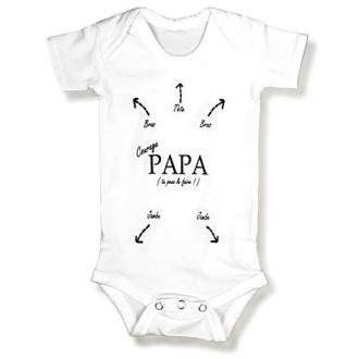 Body bébé humour en coton, Courage Papa, flèches directionnelles, cadeau drôle pour jeunes parents, impression durable, fabriqué en France, pochette élégante.