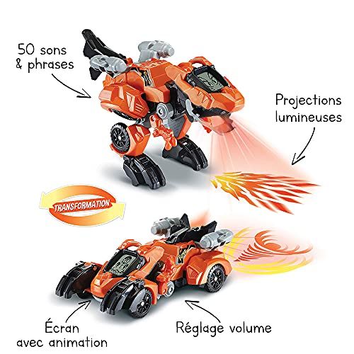 Jouet T-Rex transformable en voiture de VTech pour enfants, dinosaure et voiture de course avec effets sonores.