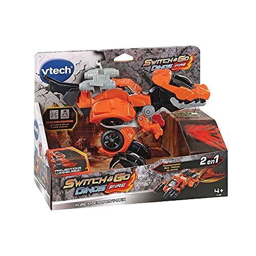 Jouet T-Rex transformable en voiture de VTech pour enfants, dinosaure et voiture de course avec effets sonores.