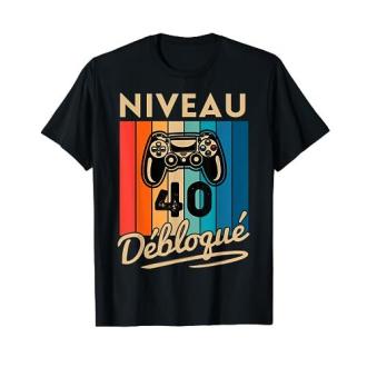 Tee-shirt humoristique 'Niveau 40 Débloqué' pour anniversaire 40 ans, disponible en dix couleurs.