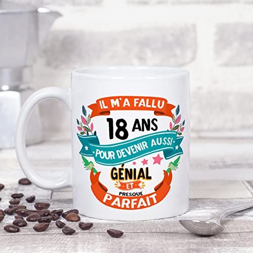 Mug blanc 18 ans avec message humoristique et résistant micro-ondes