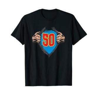 Tee-shirt 50 ans style super héros, disponible en plusieurs tailles et couleurs