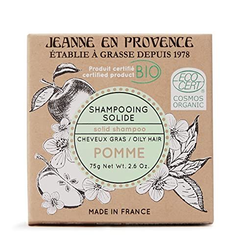 Shampoing solide bio Jeanne En Provence, parfum pomme acidulée, soin cheveux gras, écologique, certifié COSMOS Organic, idée cadeau naturelle et durable.