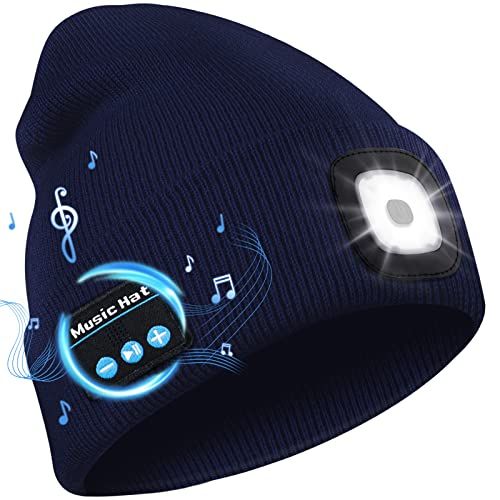 Bonnet connecté Bluetooth avec lampe LED, idéal pour écouter de la musique et prendre des appels en plein air. Cadeau technologique et pratique pour l'hiver.