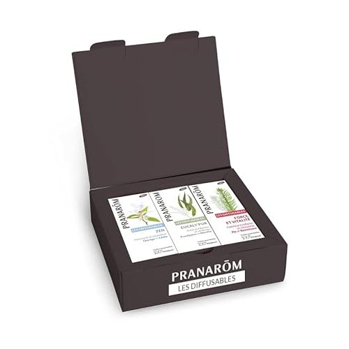 Coffret bio de trois huiles essentielles Pranarôm pour bien-être et relaxation.
