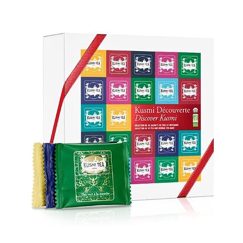 Coffret découverte Kusmi Tea avec 45 sachets, 9 saveurs emblématiques pour amateurs de thés, idéal pour cadeaux raffinés et moments de détente.