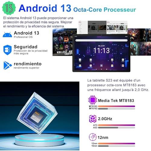Tablette SEBBE S23 de 11 pouces avec Android 13 et processeur Octa-Core pour performance et sécurité optimales.
