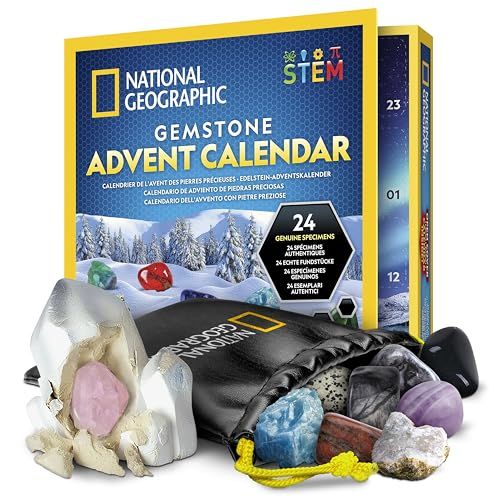 Calendrier de l'Avent pierres précieuses National Geographic, cadeau éducatif pour enfants, 24 pierres scintillantes à découvrir, initiation à la géologie.