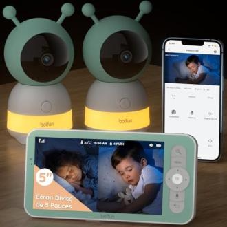 Babyphone avec 2 caméras, surveillance haute technologie 2K, zoom 4x, idéal pour nouveaux parents, sécurité enfants, partage moments précieux, multiécran, alerte mouvements.