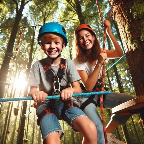 Personnes s'amusant en accrobranche, traversant ponts suspendus et tyroliennes, activité nature idéale pour tous âges, cadeau aventureux et sécurisé