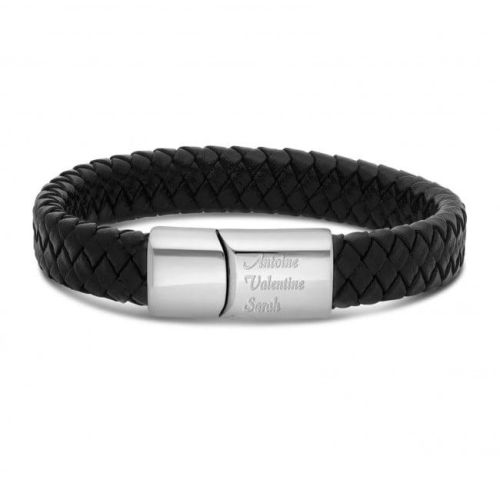 Bracelet cuir noir tressé personnalisable avec gravure pour homme élégant.