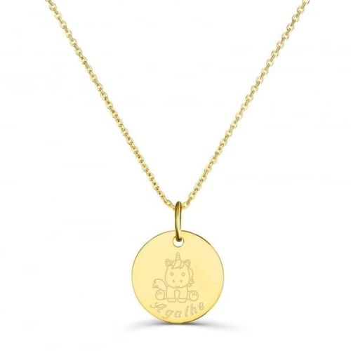 Collier de naissance personnalisé en plaqué or avec licorne et gravure de prénom pour cadeau enfant